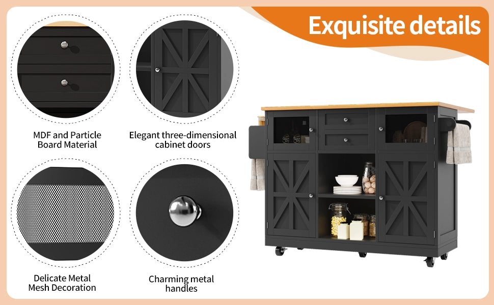 Isola Cucina con Piano di Lavoro ¨C MINIMAL ¨C Nero, Legno, con Ruote e Ante 3D
