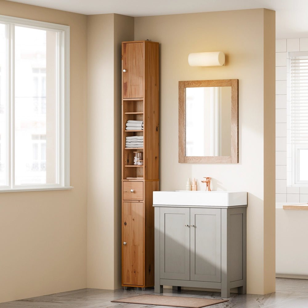 SoBuy Mobile Bagno Stretta – Colonna Bagno Idrorepellente, Alto con Ripiani Regolabili e Cassetto – Armadietto Salvaspazio, Legno massello, Colore legno, 20x180x20cm, BZR34-II-SH