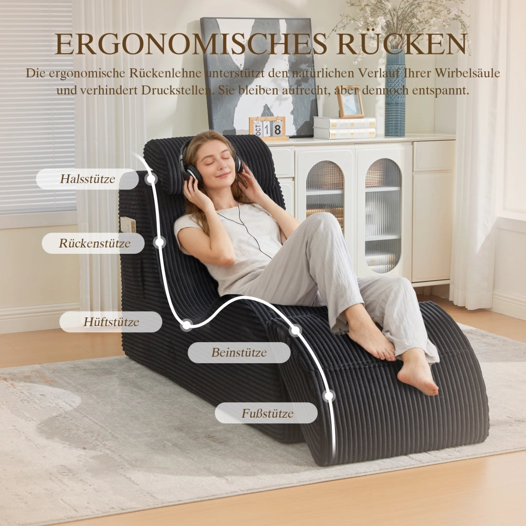 Fauteuil con design singolo ergonomico con poggiatesta e tasca laterale in velluto a coste nero