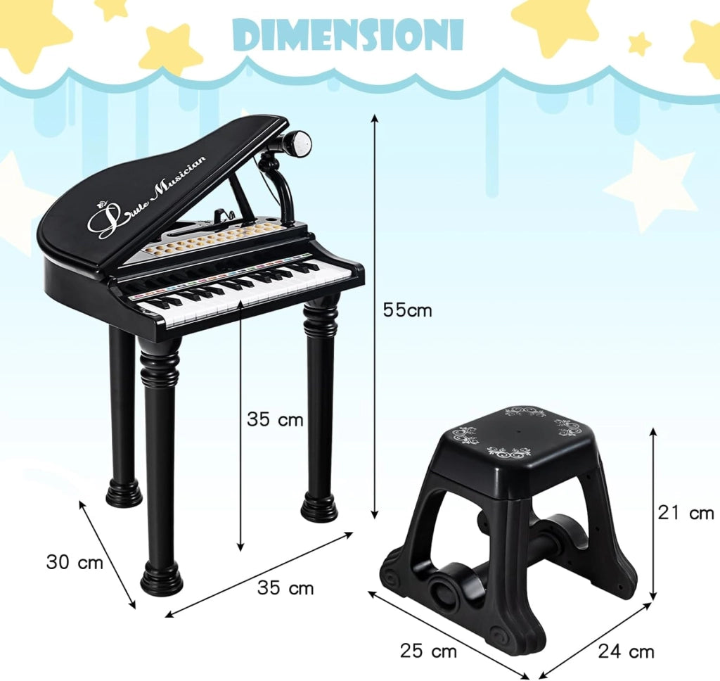 Tastiera Pianoforte a 31 Tasti per Bambini con Microfono e Sgabello, Tasti Giocattolo Portatile con Modalità di Insegnamento a LED, Pianoforte a Coda per Bambini 3+ Anni (Nero)