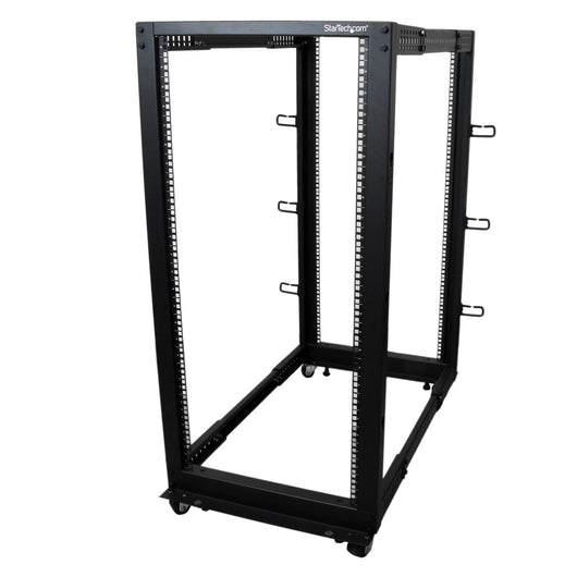 Startech.com server rack a 4 montanti 25u open frame, armadio rack di rete 19" con ruote, piedini di livellamento/montaggio a pavimento, quadro rack scorrevole/profondità regolabile per apparecchiature av/dati/it - 4POSTRACK25U