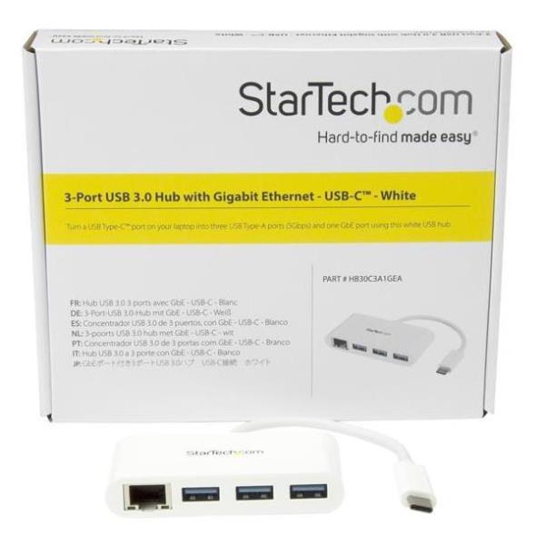 Startech.com hub usb 3.0 (5gbps) a 3 porte con gigabit ethernet - usb-c a 3x usb-a - bianco - HB30C3A1GEA