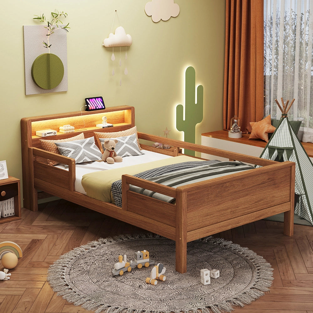 Letto bambino-Xylo-90x200 cm-USB-C, LED, testiera contenitore, legno pino