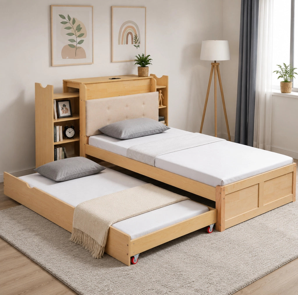 Letto multifunzionale 90x200 cm con letto estraibile; presa EU e USB; legno ingegnerizzato naturale e beige