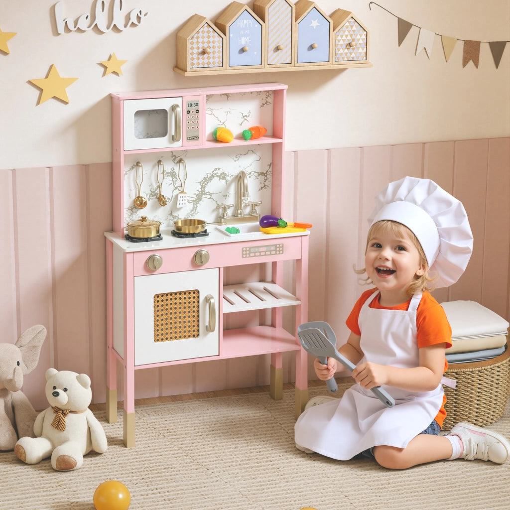 Cucina Giocattolo in Legno con Accessori e Suono ¨C Zephmum ¨C Rosa, Acciaio Inox