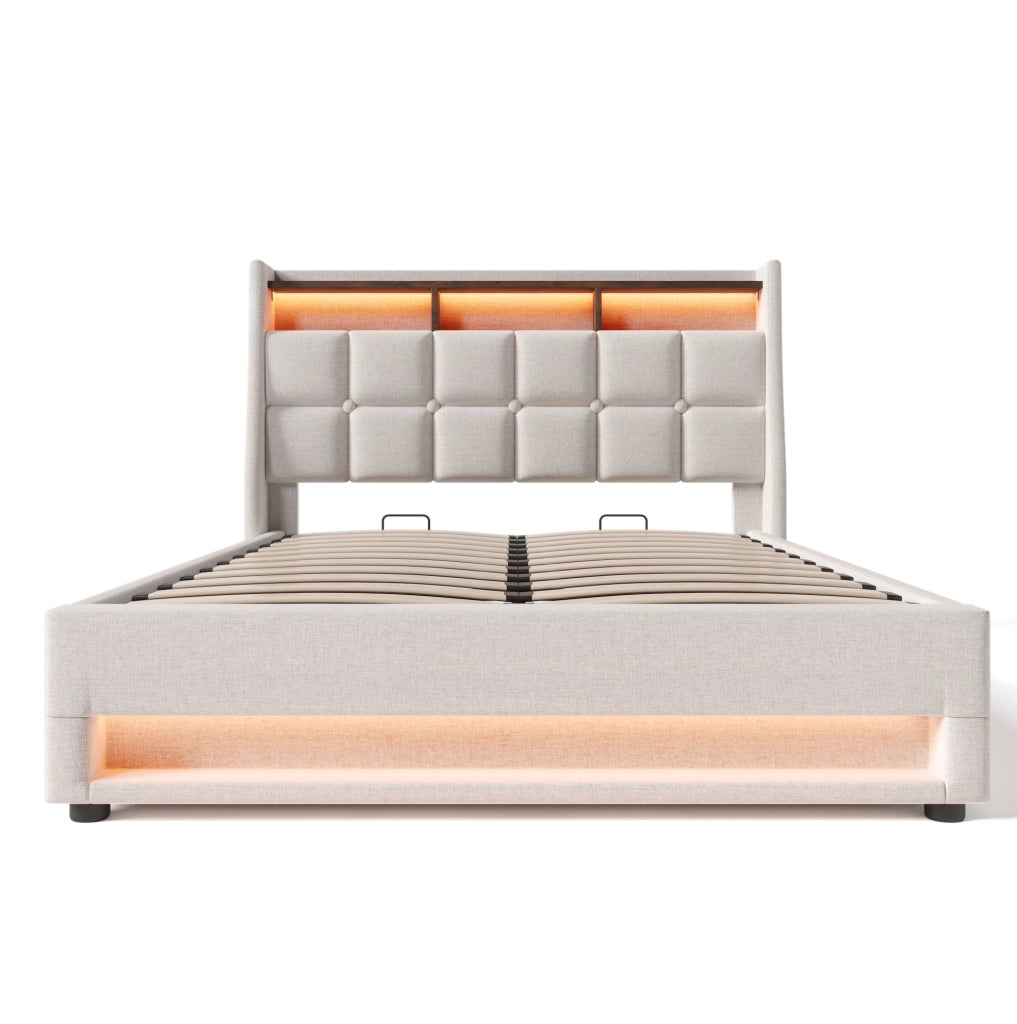 Letto imbottito 180x200 cm beige con LED, USB e vano contenitore