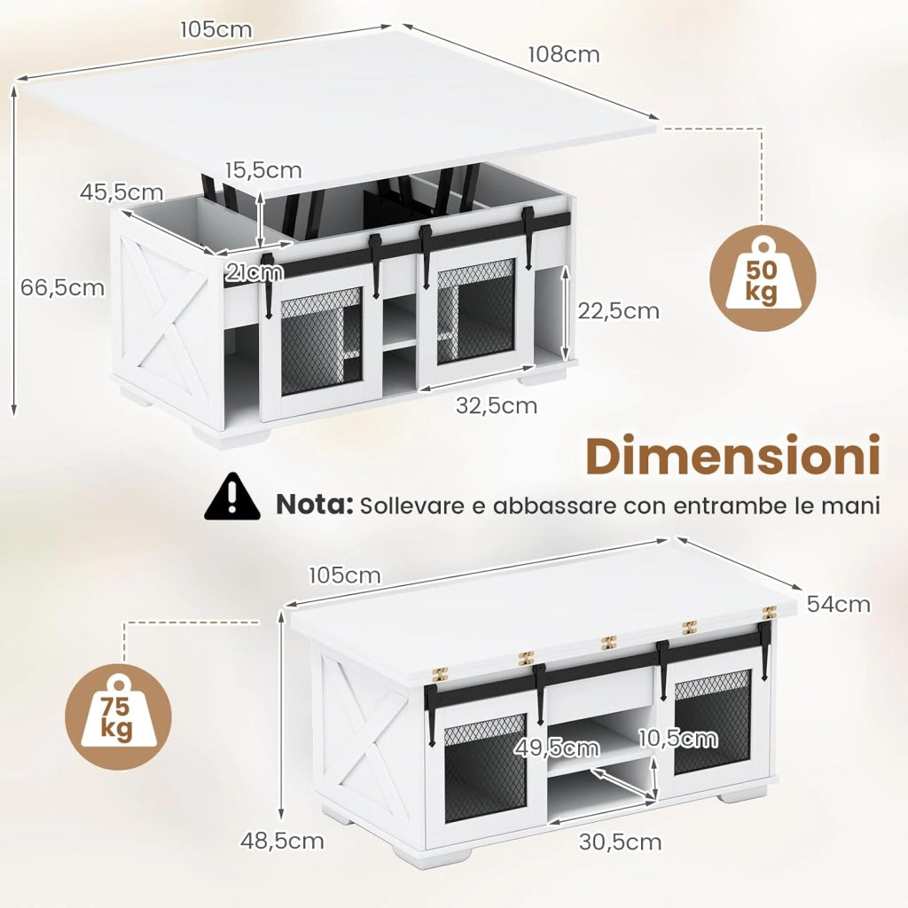 Tavolino da Salotto con Piano Sollevabile e Pieghevole, 3 in 1 Tavolo Convertibile e Salvasapzio con 2 Ante Scorrevoli, Ripiani Aperti, 3 Scomparti Nascosti e Piedini Antiscivolo (Bianco)