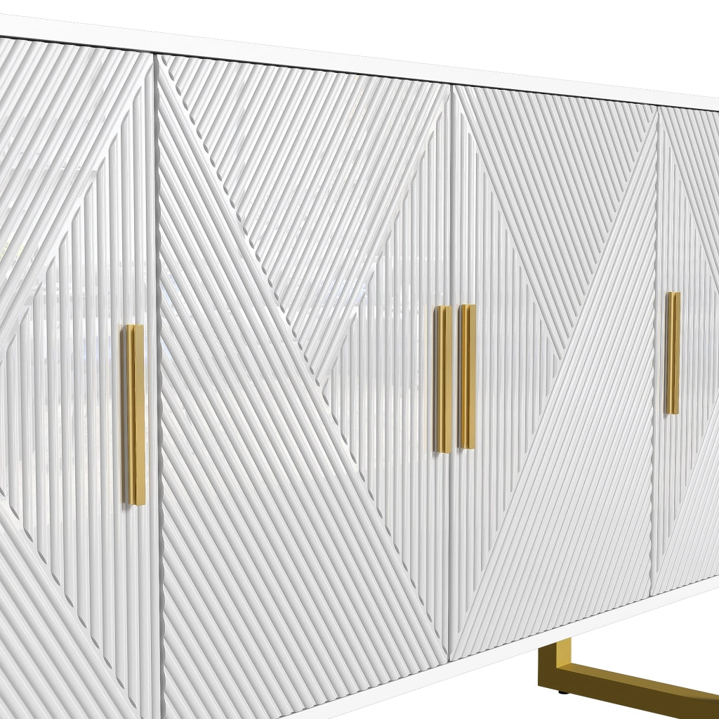 Credenza moderna di lusso con 4 ante, ripiani regolabili, porte lucide strutturate e dettagli oro, bianca 150 × 40 × 82 cm