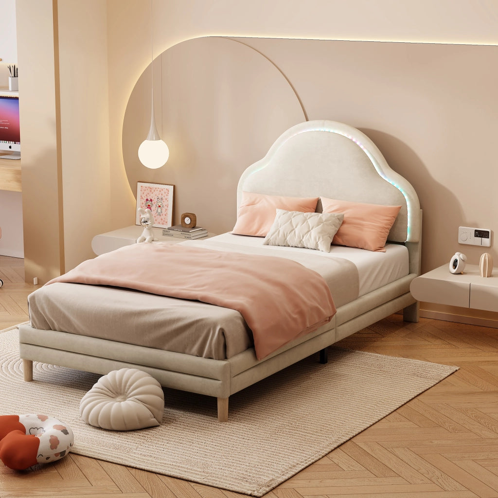 Letto Singolo per Bambini con LED Regolabile e Testiera a Nuvola; 90×200 cm; Senza Materasso; Beige