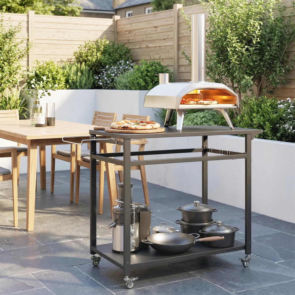 Carrello per Barbecue con 2 Ripiani, Supporto Pizza e Portasacchi ¨C Zephmum ¨C Nero