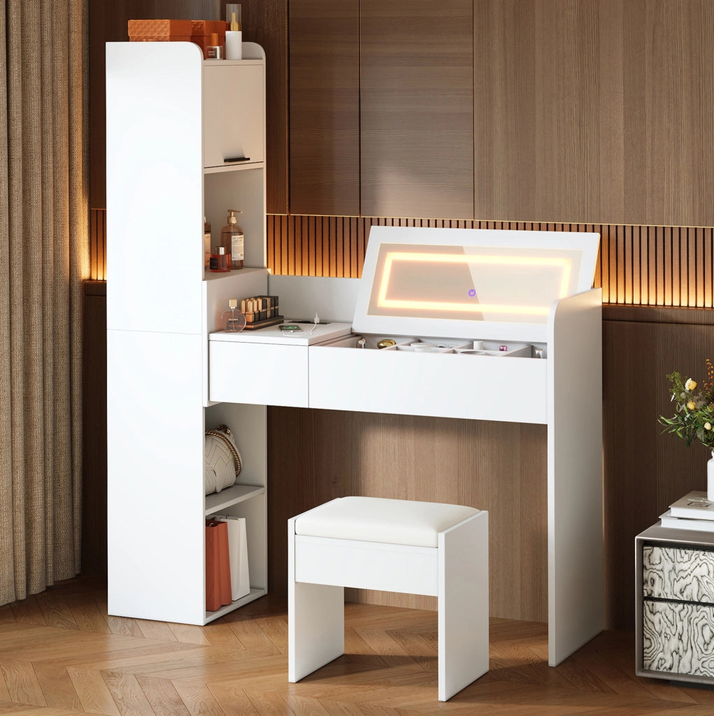 Toeletta 131x40x160 cm con specchio LED, USB e sgabello in legno ingegnerizzato bianco