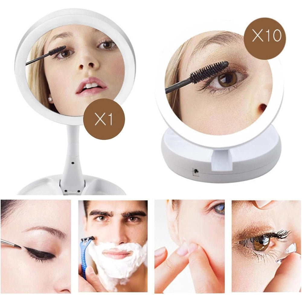 Trade Shop - Specchio Trucco Luce Led Da Tavolo Bifacciale 10x/1x 360° Contenitore Portatile Pieghevole -