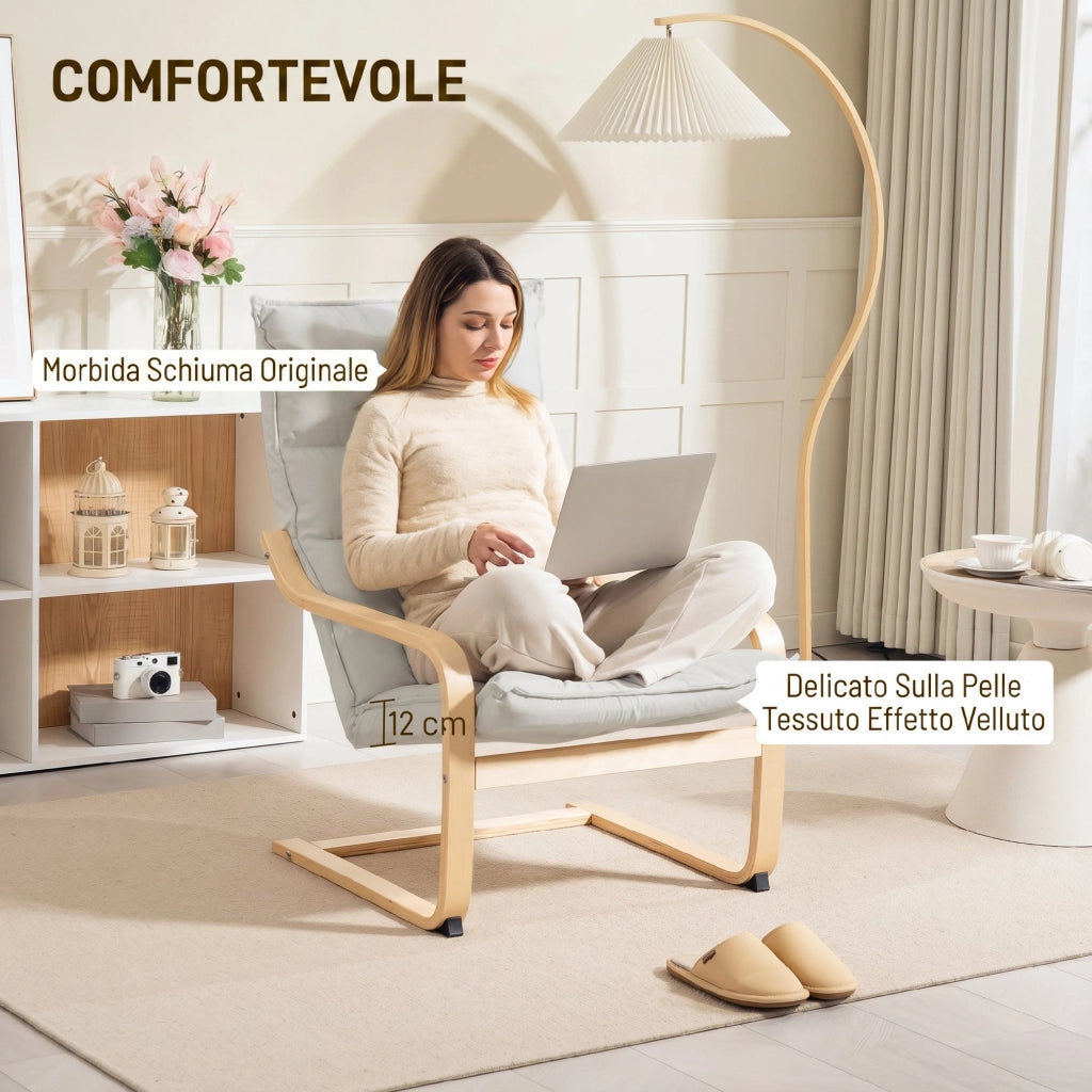 Poltrona a Dondolo Moderna 67x83x105 cm con Braccioli in Legno e Cuscini Spessi in Velluto Crema