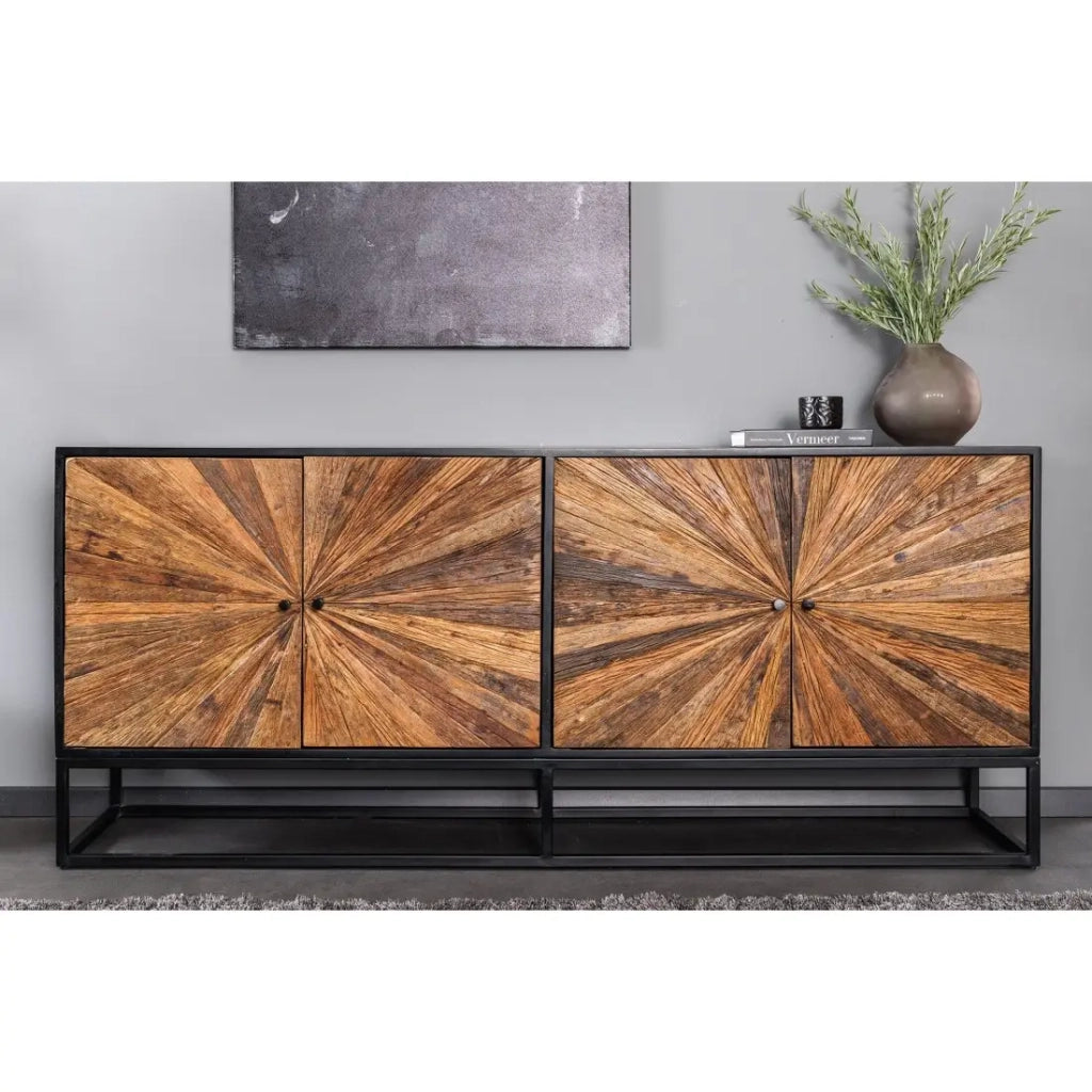 Buffet RAOKA 180 cm in legno massiccio di mango e teak – Motivo solare scolpito