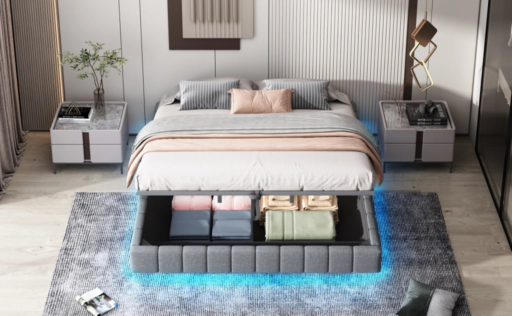 DESMIU Letto imbottito 180 × 200 cm 2 posti con LED regolabile e contenitore, senza materasso, in lino grigio