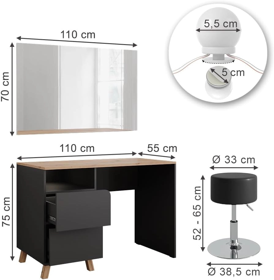 Tavolo da toeletta Karen, Antracite/Artisan, 110 cm con sgabello e luci fiabesche a LED, Materiali robusti per un utilizzo duraturo