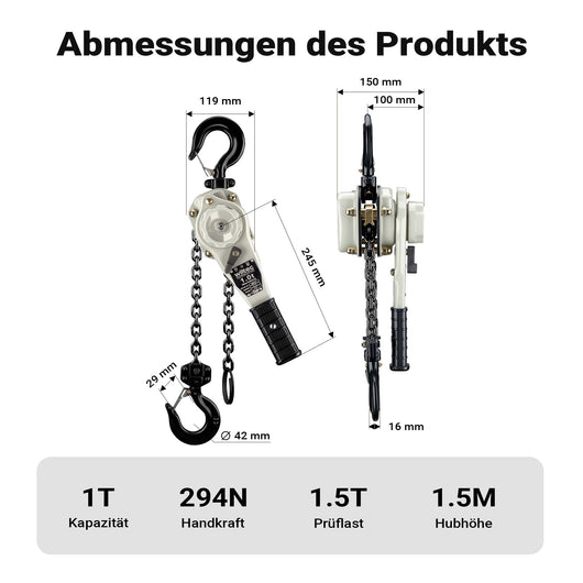 Paranco a leva 1 t x 1,5 m, paranco a catena compatto con impugnatura girevole a 360°, per lavori di sollevamento in spazi ristretti
