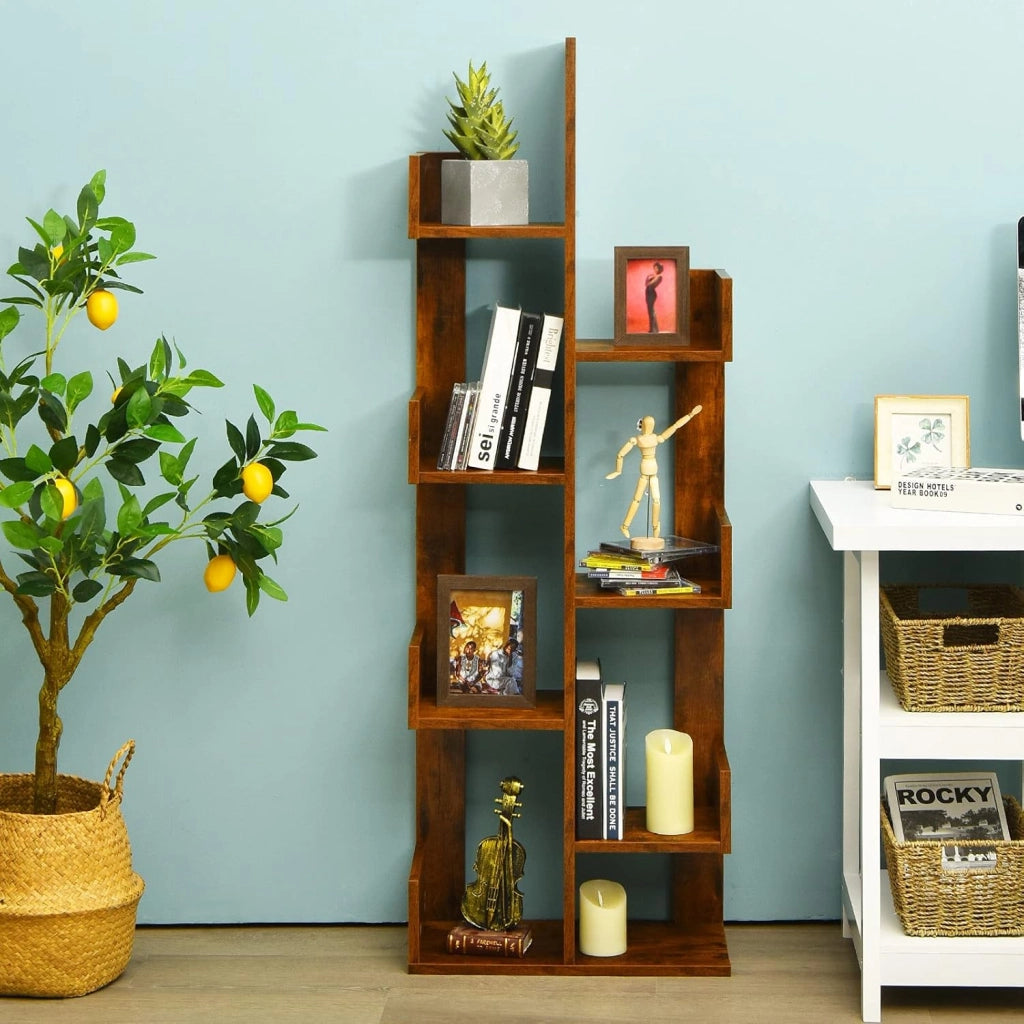 Libreria Multiuso da Terra, Libreria ad Albero con 8 Ripiani, Scaffale in Legno per Libri, Ideale per Soggiorno, Ufficio, 50 x 25 x 145 cm (marrone)