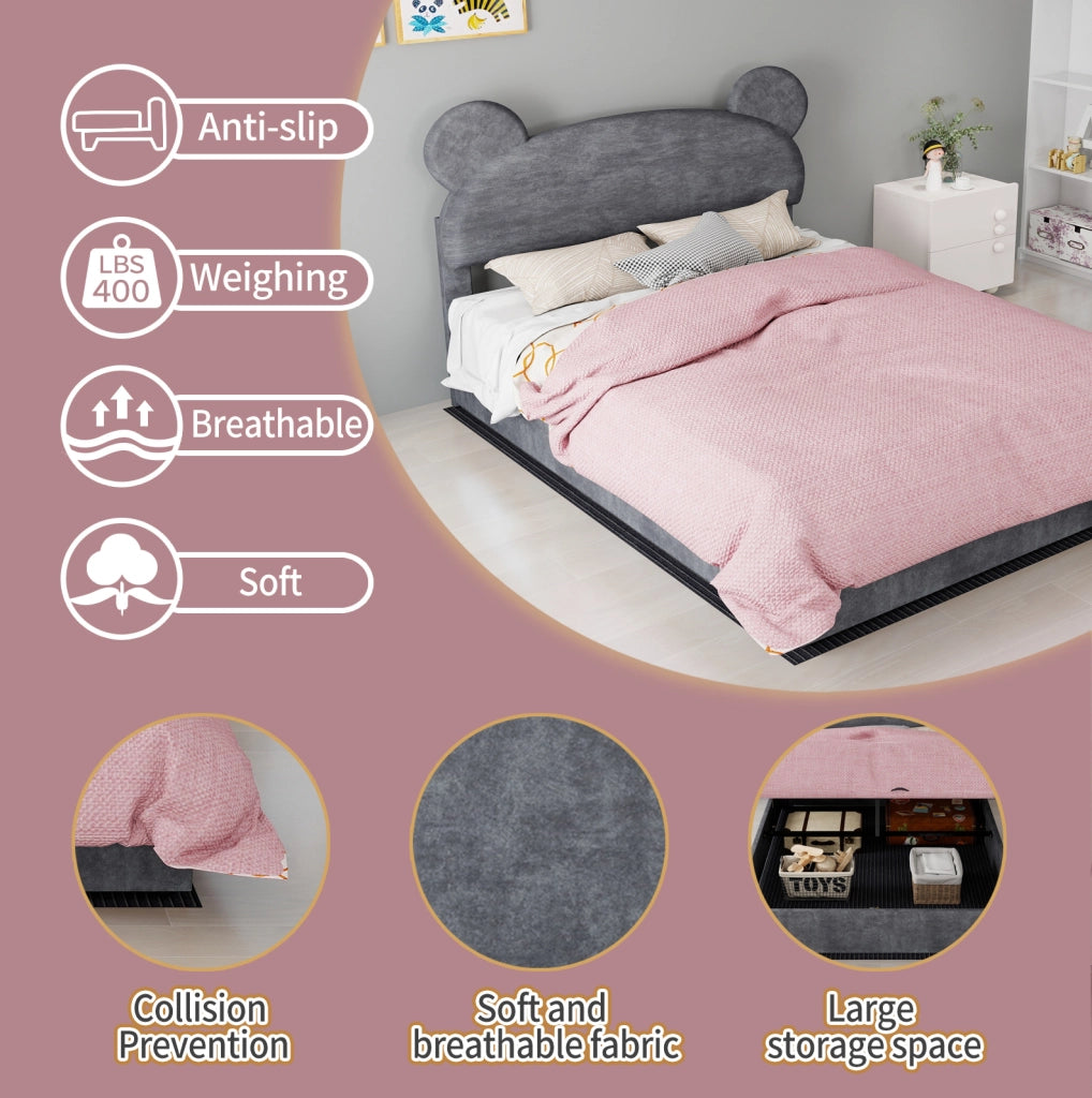 Letto imbottito con contenitore a sollevamento 140x200 cm in tessuto grigio
