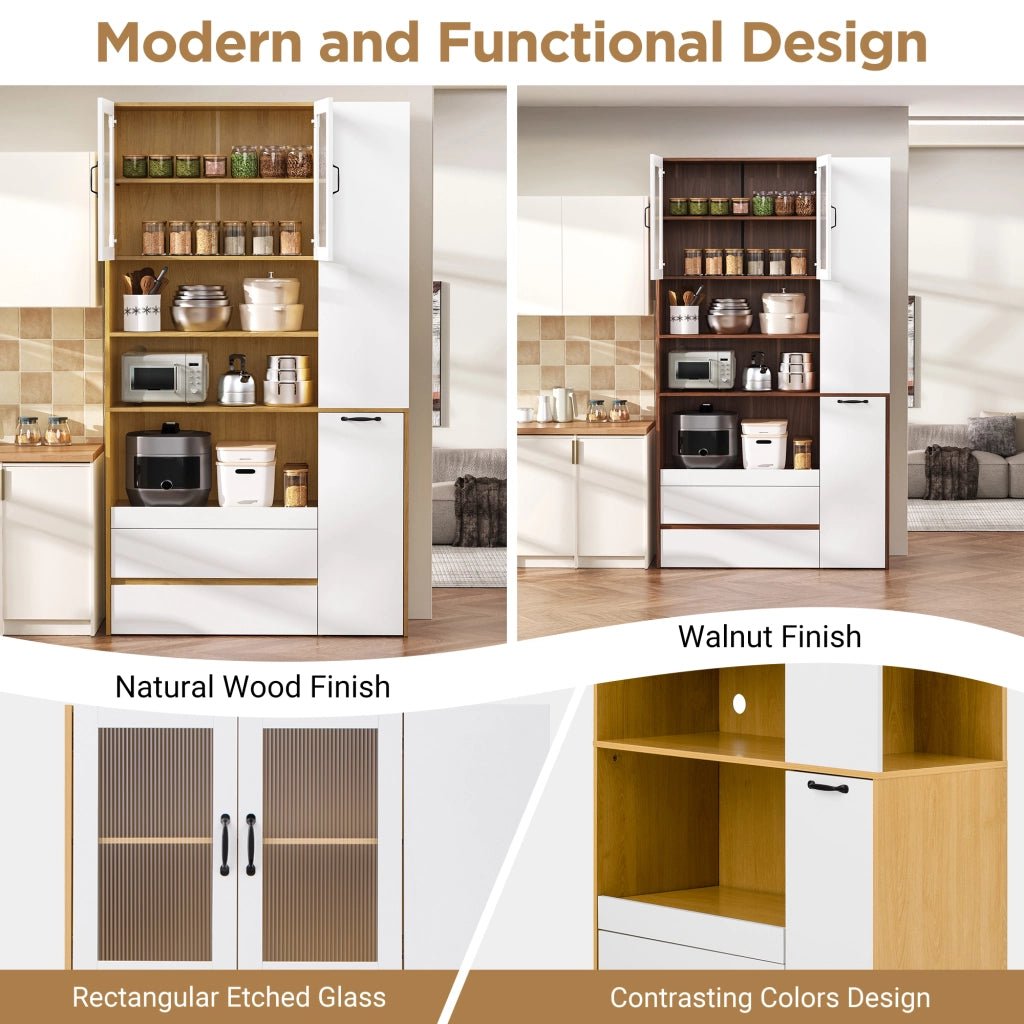 Credenza alta con ante in vetro rigato, cassetti e ripiani estraibili in MDF bianco e naturale 100 × 40 × 200 cm