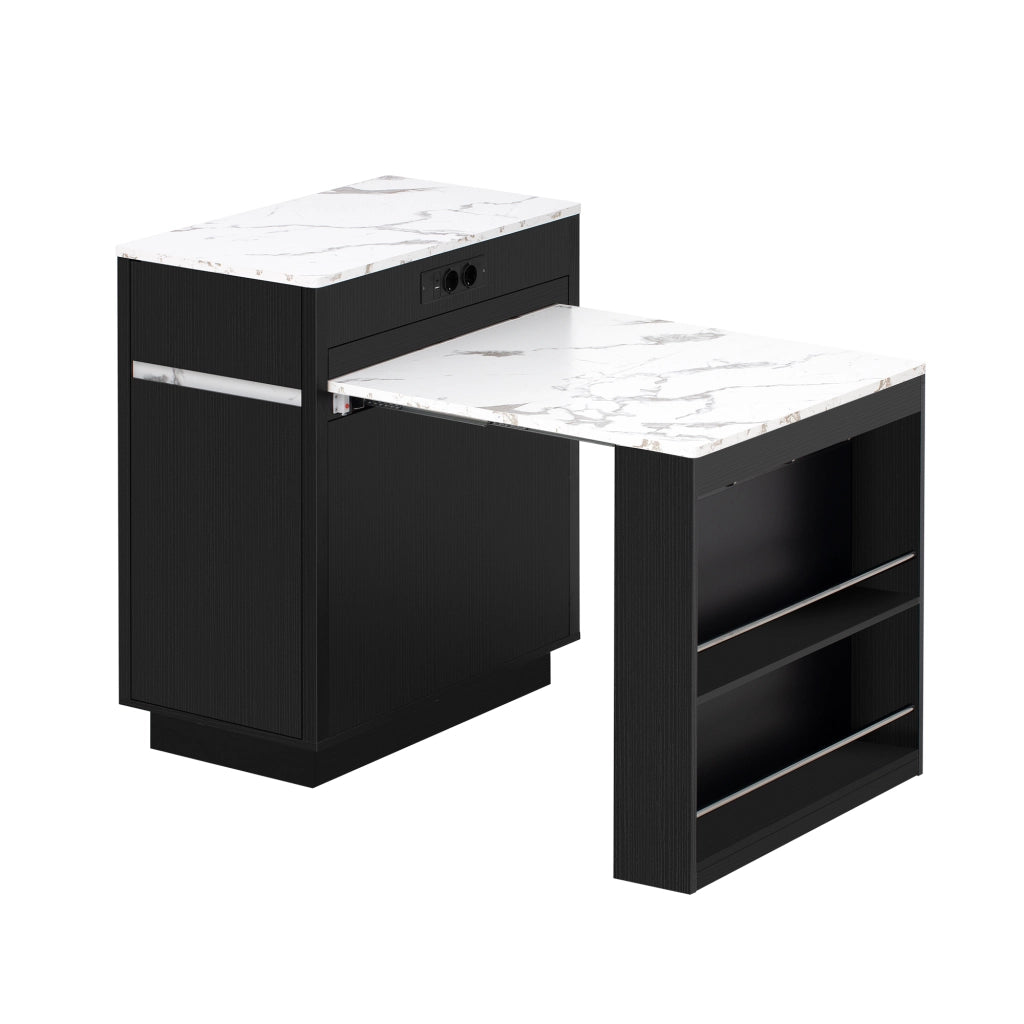 Tavolo da pranzo con LED; presa USB; ripiani e cassetti - per cucina e soggiorno - in MDF - nero