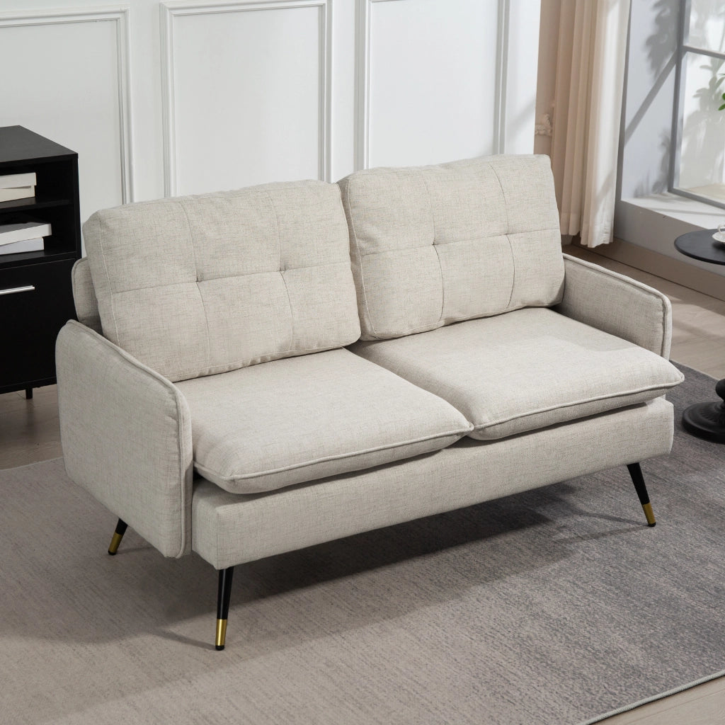 Divano 2 Posti in Tessuto ¨C Zephmum ¨C Bianco Crema, Effetto Lino, Gambe in Acciaio, 139x68x80 cm