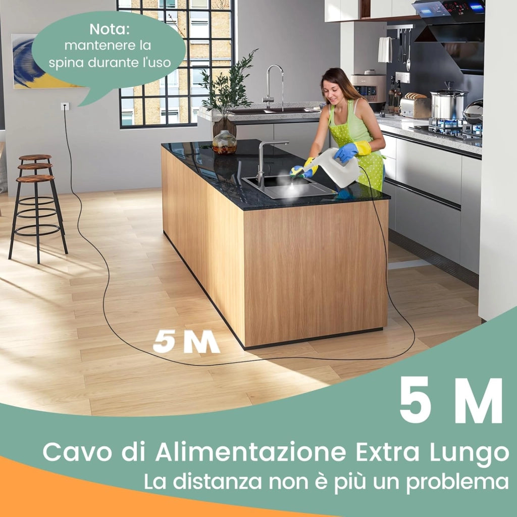 1500W Pulitore a Vapore Portatile, Macchina a Vapore con Serbatoio d'Acqua da 400 ml Blocco per Bambini e Kit di Accessori da 14 Pezzi, 33x13x24,5 cm (Grigio)