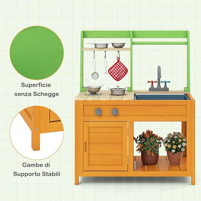 Cucina Giocattolo in Legno, Cucina da Gioco all'Aperto con Fornelli Realistici, Rubinetto, Lavandino, Forno e Accessori per Pentole, Giocattoli per Bambini dai 3+ Anni
