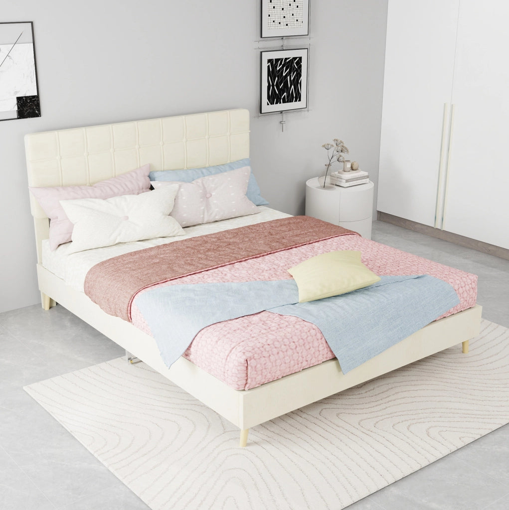 Letto 140x200 cm con testiera imbottita a quadri in velluto beige