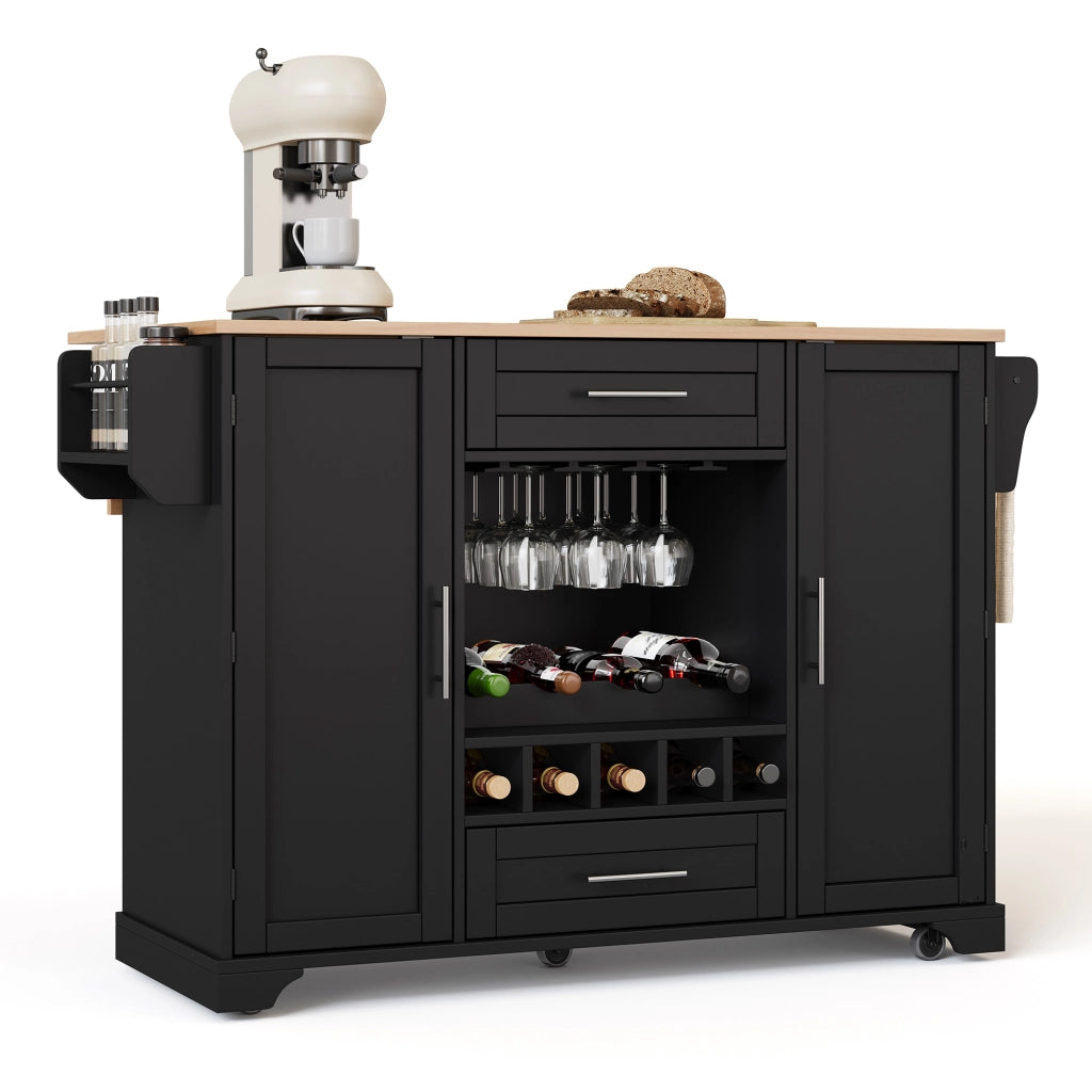 Carrello cucina con piano di lavoro ribaltabile, isola su ruote con portabottiglie, portabicchieri e porta spezie, nero