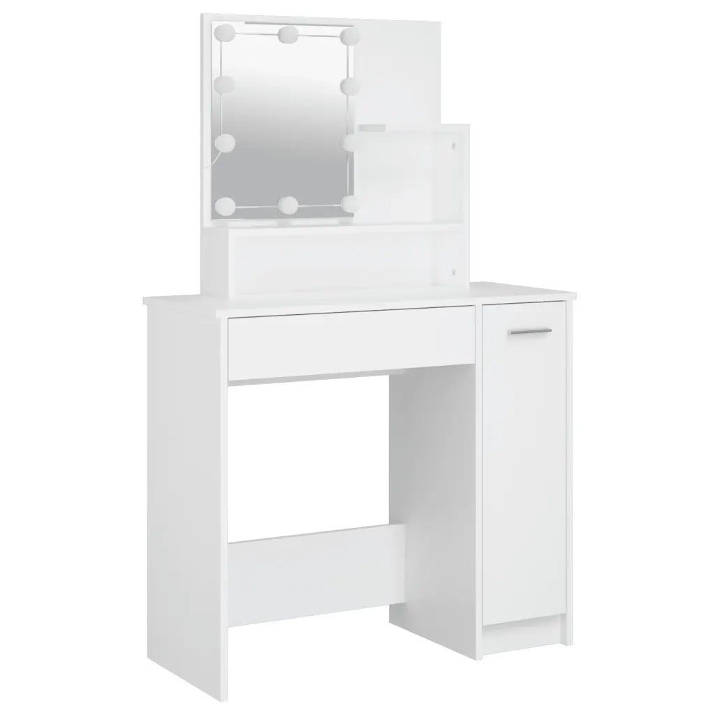 Set Tavolo da Toeletta | Tavolo da Trucco Bianco con LED in Legno Multistrato