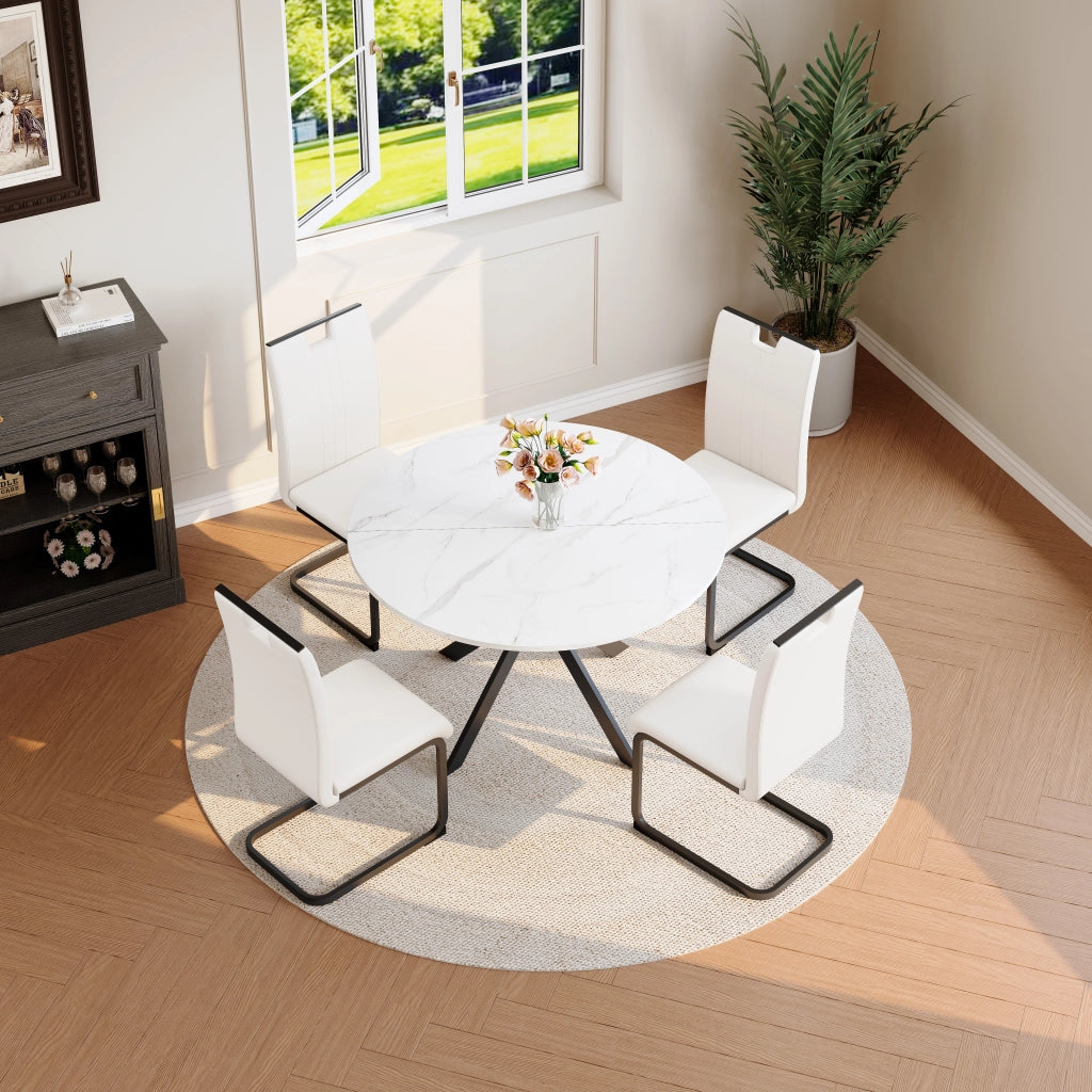 Tavolo da Pranzo Rotondo Effetto Marmo con 2 Sedie ¨C MINIMAL ¨C Bianco, Metallo, Ecopelle