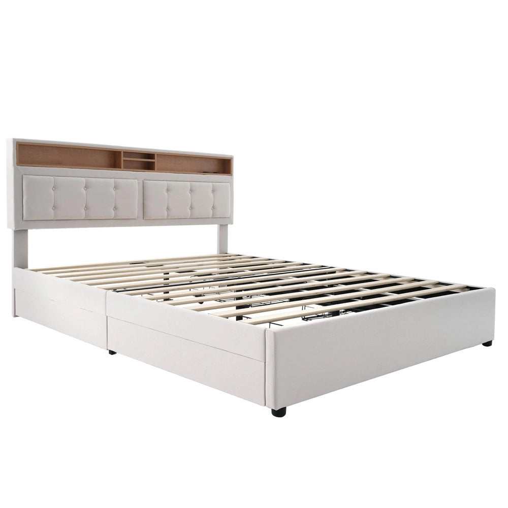 Letto Contenitore Imbottito con 4 Cassetti e USB ¨C MINIMAL ¨C Testiera Regolabile, Doghe in Legno, 140x200