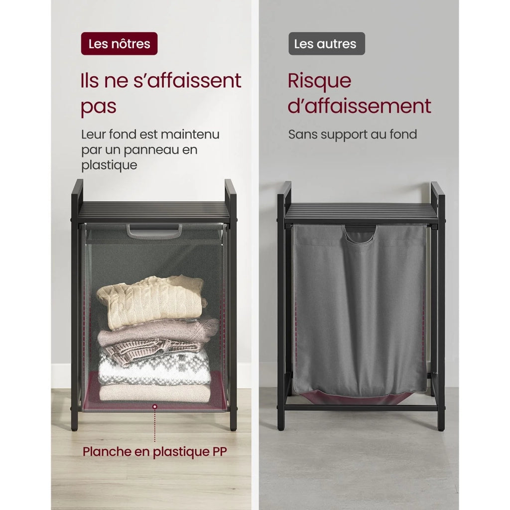 Cesto portabiancheria 2 x 46 litri cesto portabiancheria sporca contenitore per biancheria con ripiano in metallo 2 sacchi in tessuto Oxford rimovibili con chiusura in velcro grigio 12_0006653