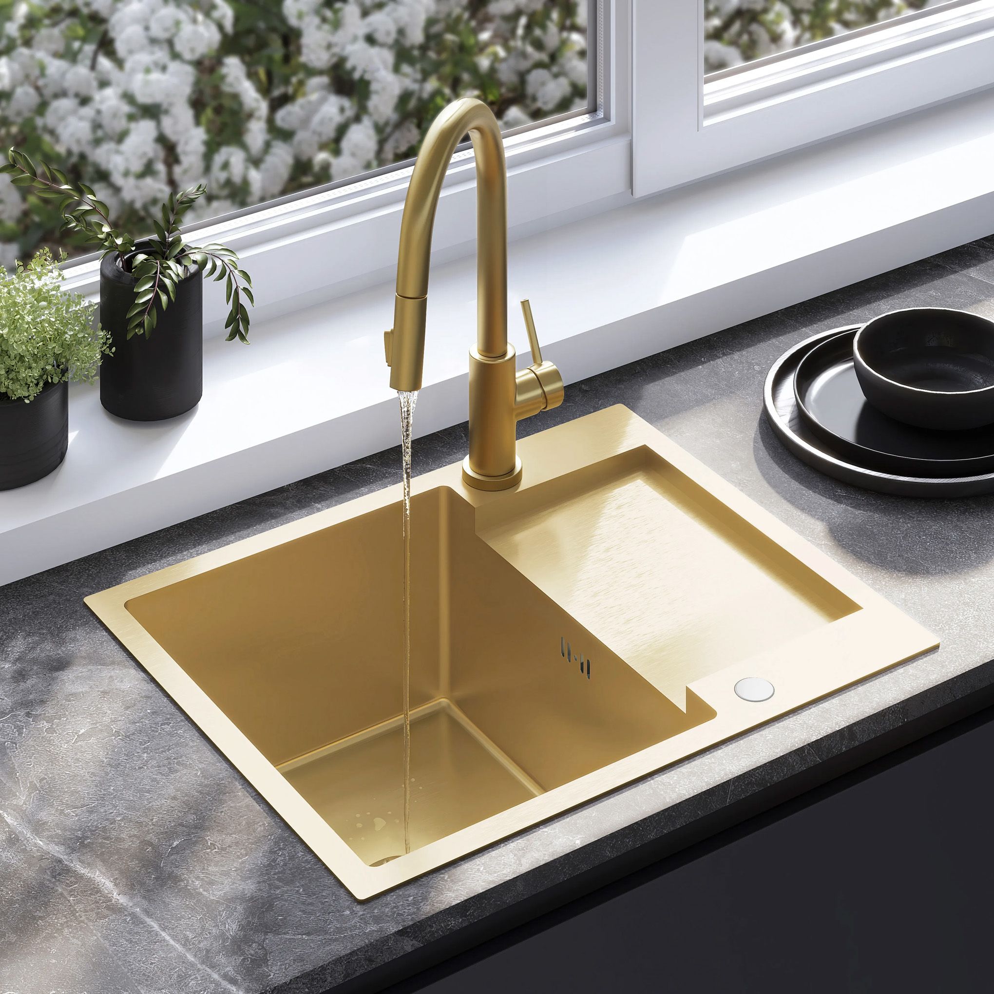 Lavello In Acciaio Paul Brush Gold con rubinetto da cucina