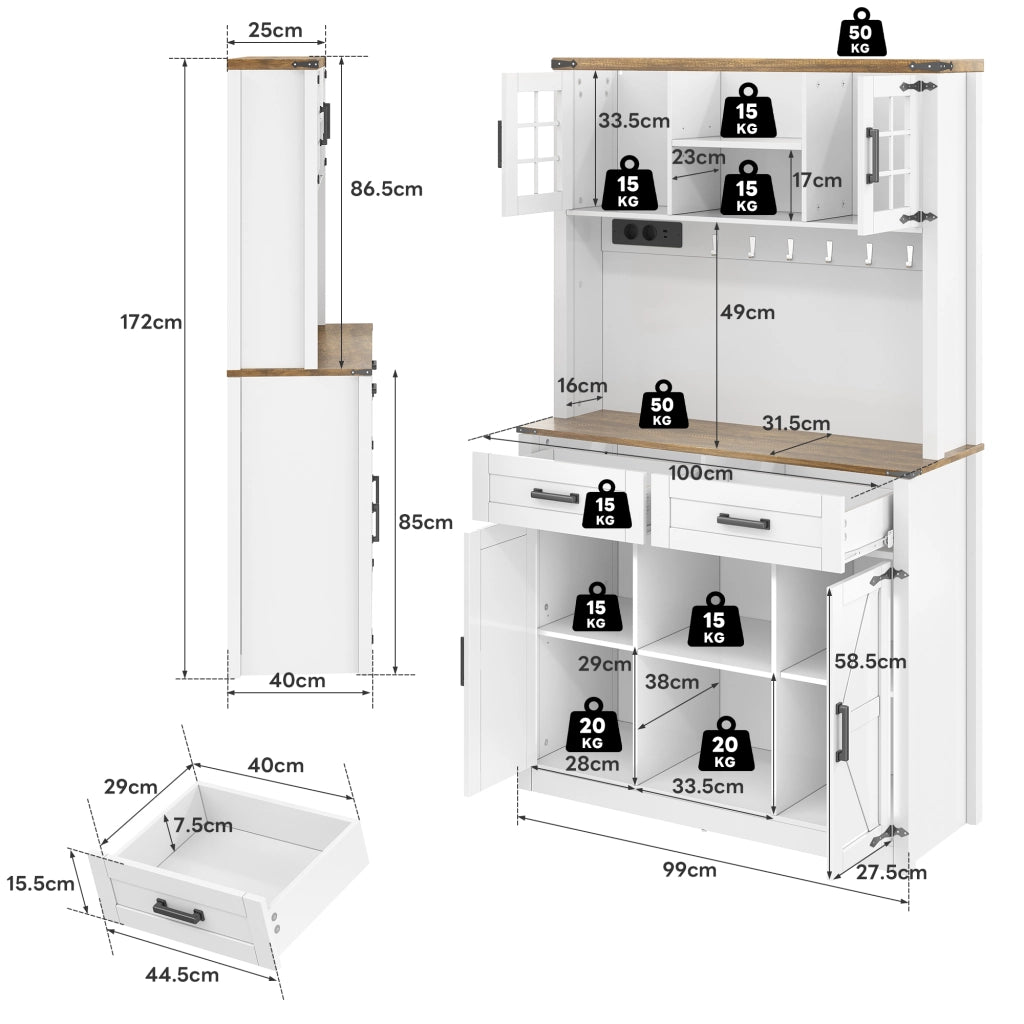 Mobile bar con LED a colori, 2 prese, 2 cassetti e ripiani regolabili, per cucina e soggiorno, in MDF, marrone bianco