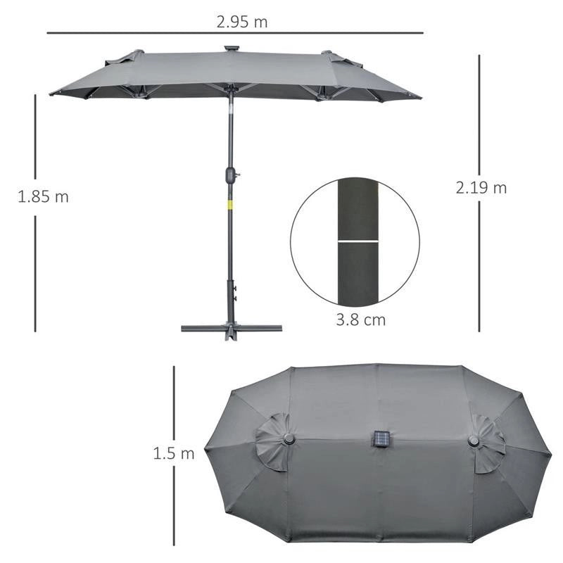 OMBRELLONE DOPPIO CON BASE A CROCE E LUCI LED 295 X 150 X 219 CM GRIGIO