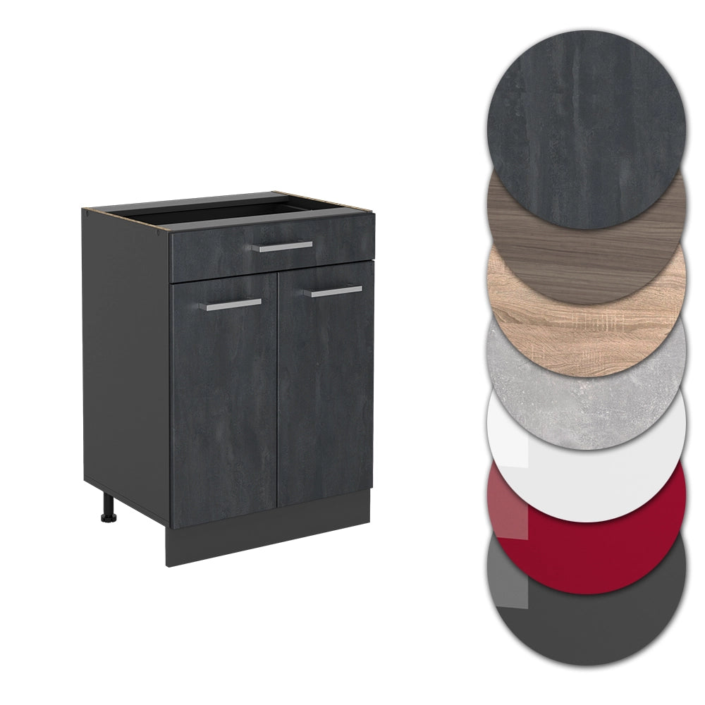 Mobiletto base per cucina R-Line Calce nera/Antracite 60 cm con cassetto, senza piano di lavoro Vicco
