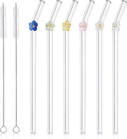 Riciclabili bastoncini per Bubble Tea - 6 pezzi - bastoncino di vetro con set di spazzole per pulizia - 20 cm - vetro trasparente - smoothies cocktail succo di frutta (fiore) Bastoncini di vetro