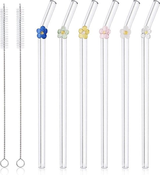 Riciclabili bastoncini per Bubble Tea - 6 pezzi - bastoncino di vetro con set di spazzole per pulizia - 20 cm - vetro trasparente - smoothies cocktail succo di frutta (fiore) Bastoncini di vetro