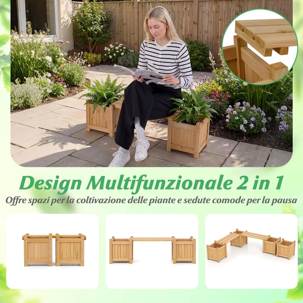 Fioriere da Esterno con Panchina, Letto Rialzato da Giardino in Legno Massello con e Base Aperta, Fioriere Elevate per Patio, Cortile e Veranda (Naturale, 105 x 26,5 x 29,5 cm)