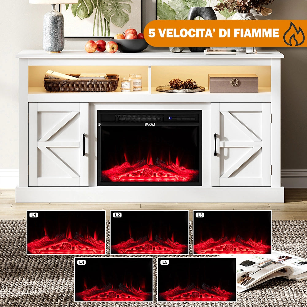 Mobile TV Bianco con Camino Elettrico Effetto Fiamma 3D e Telecomando Luci RGB