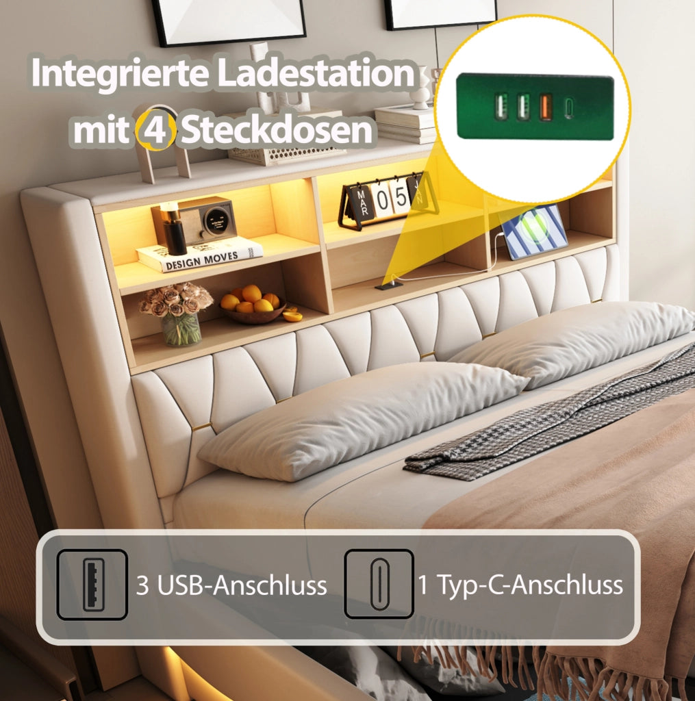 Letto imbottito 180x200 cm beige con LED, USB e vano contenitore
