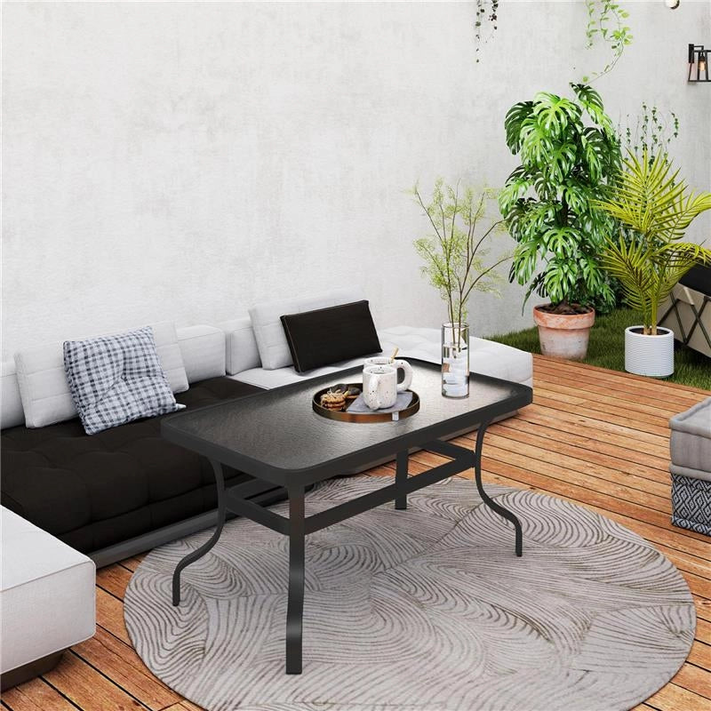 TAVOLINO DA ESTERNO RETTANGOLARE IN METALLO NERO CON PIANO IN VETRO TEMPERATO, 95X55X46 CM