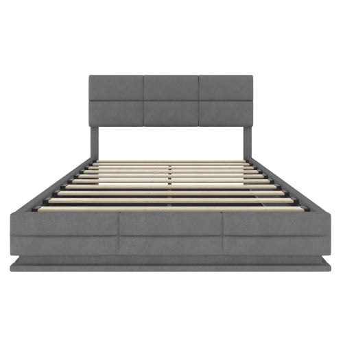 Letto imbottito in velluto 140x200 grigio; testiera regolabile; USB/Type-C; LED; vano idraulico