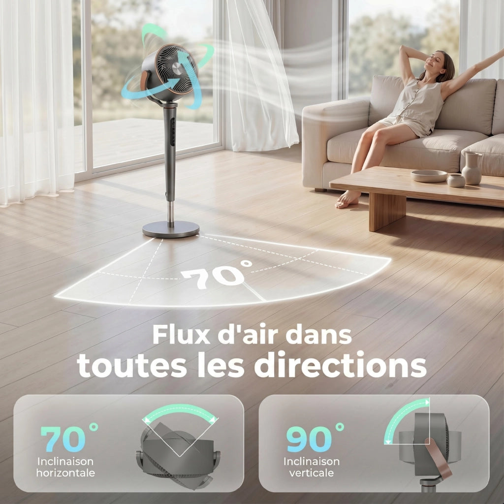 Ventilatore da pavimento silenzioso 20 dB ¨C zephmum ¨C oscillazione automatica 70¡ã+90¡ã, 12 velocit¨¤, luce LED, timer 12H