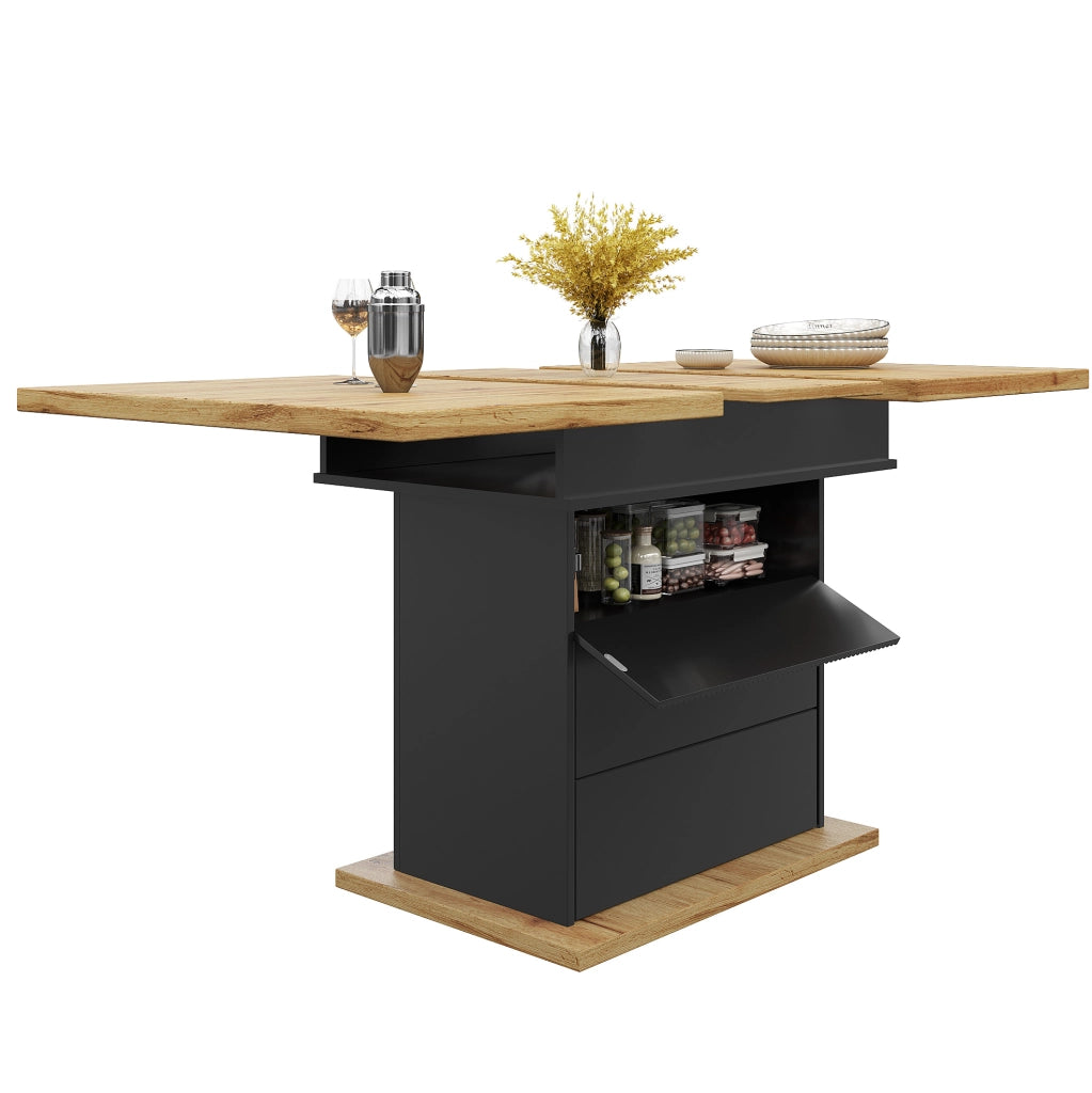Tavolo da pranzo allungabile 110-140x80x75 cm con vano contenitore; MDF nero e naturale