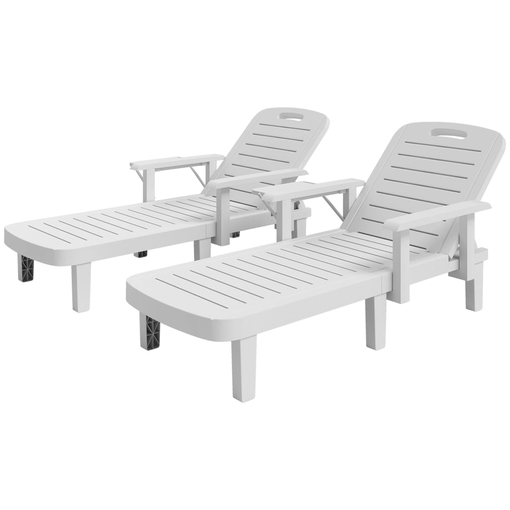 Set 2 Sdraio da Giardino Regolabili con Tavolino e Braccioli, in Polipropilene, 79x158x88 cm, Bianco