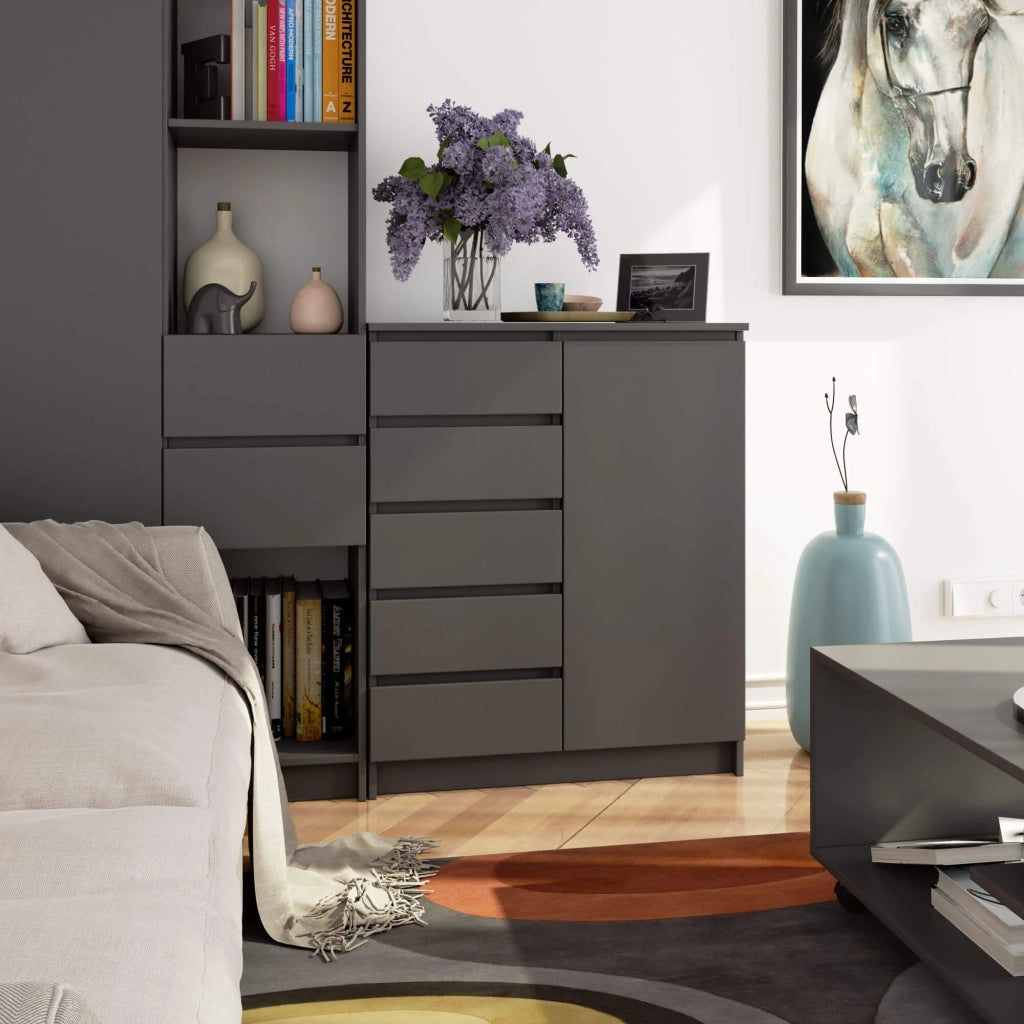 Cassettiera AKORD K80 Comò Grigia Grafite 80 cm 1 porta 5 cassetti 80x35x97 cm