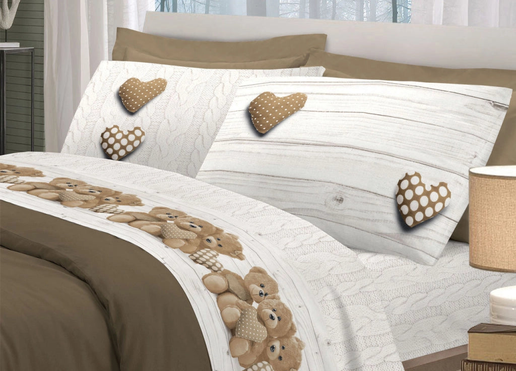 Completo Lenzuola Linea Pensieri Delicati 100% Cotone Disegno New Orsetti - Piazza E Mezza - Beige